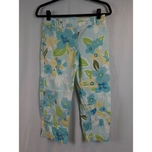 Floral Crop Capri Pants Light Blue Green Yellow Tropical Print Straight Leg